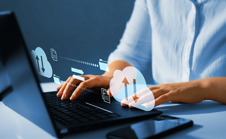 man in laptop with icon of uploading and back up of files