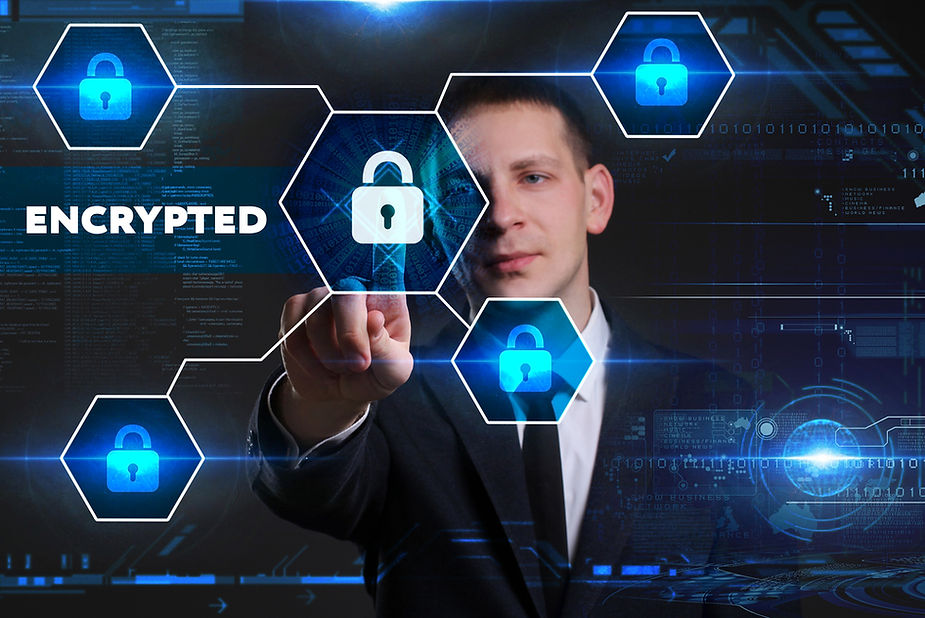 Businessman touches glowing lock icons on a blue cyber interface with ENCRYPTED text, suggesting secure data protection.