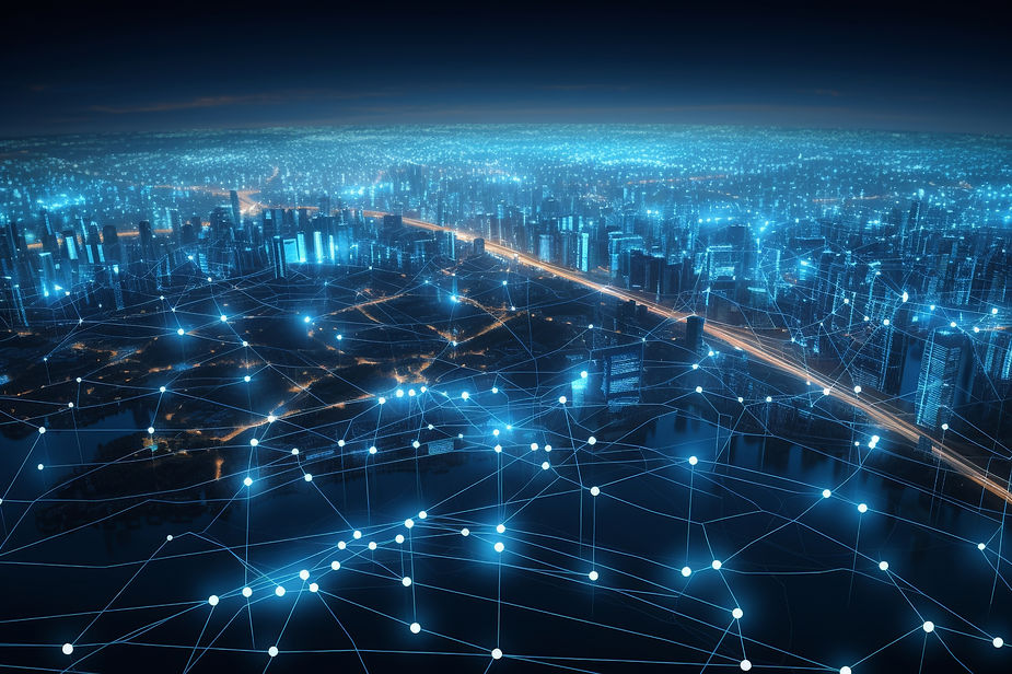 Futuristic cityscape at night, glowing with blue network lines connecting buildings, illustrating a digital communications concept.