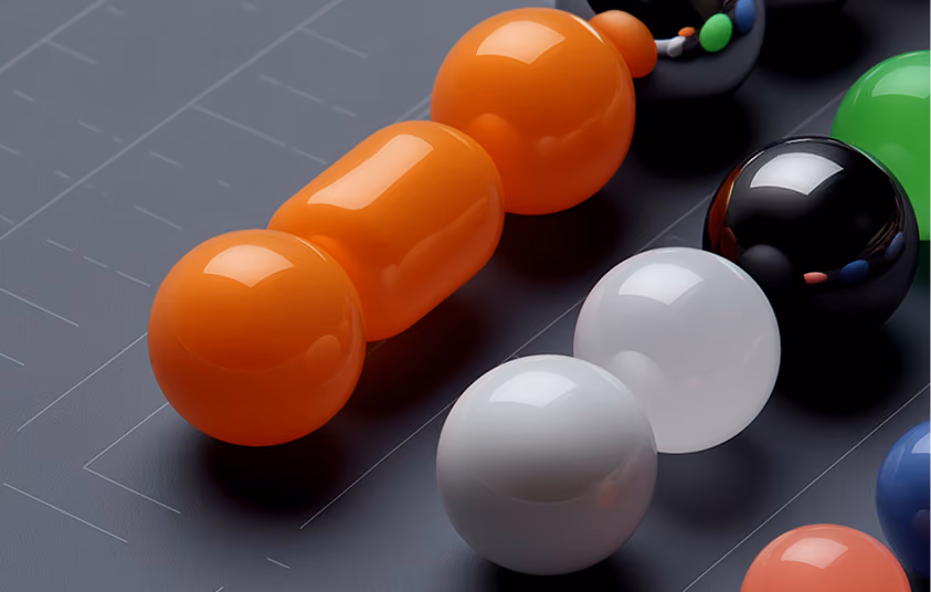 Glossy 3D-rendered spheres and rounded shapes in orange, white, black, green, and blue on a dark surface.