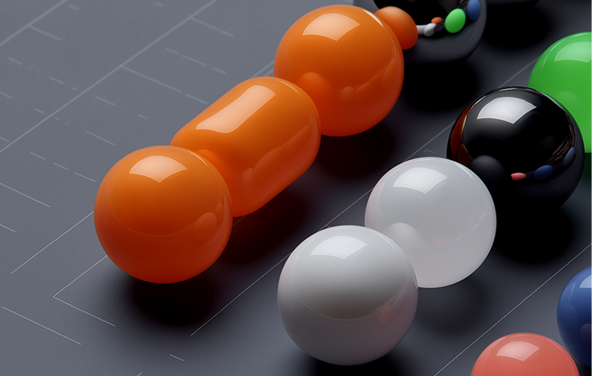 Glossy 3D-rendered spheres and rounded shapes in orange, white, black, green, and blue on a dark surface.