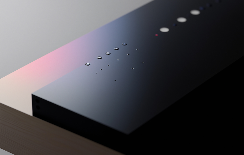 Close-up of a sleek black device with water droplets on its surface on a wooden table.