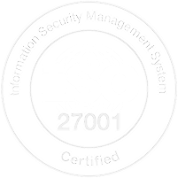 ISO 27001 Certified stamp with globe icon and text indicating Information Security Management System.