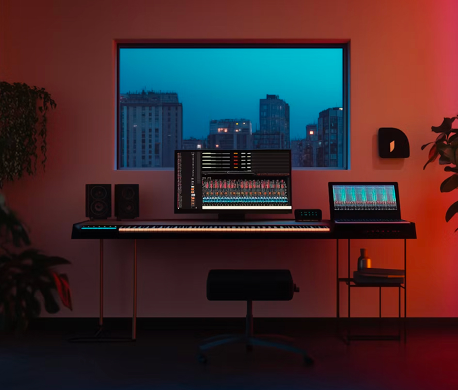 Modern music production setup with a MIDI keyboard, two monitors displaying mixing software, studio speakers, and a swivel stool, set against a cityscape visible through a large window at dusk.