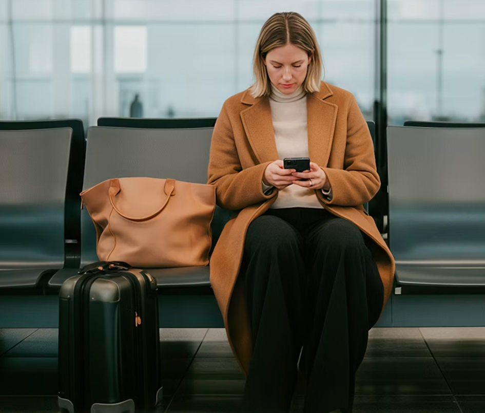 Woman wearing a brown coat sits on an airport terminal bench, looking at her phone, with a tan handbag on the seat beside her and a black suitcase on the floor in front.