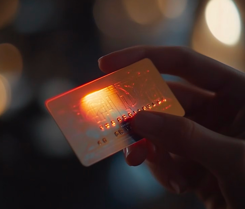Hand holding a translucent credit card illuminated by a warm light in a dark, blurred background.