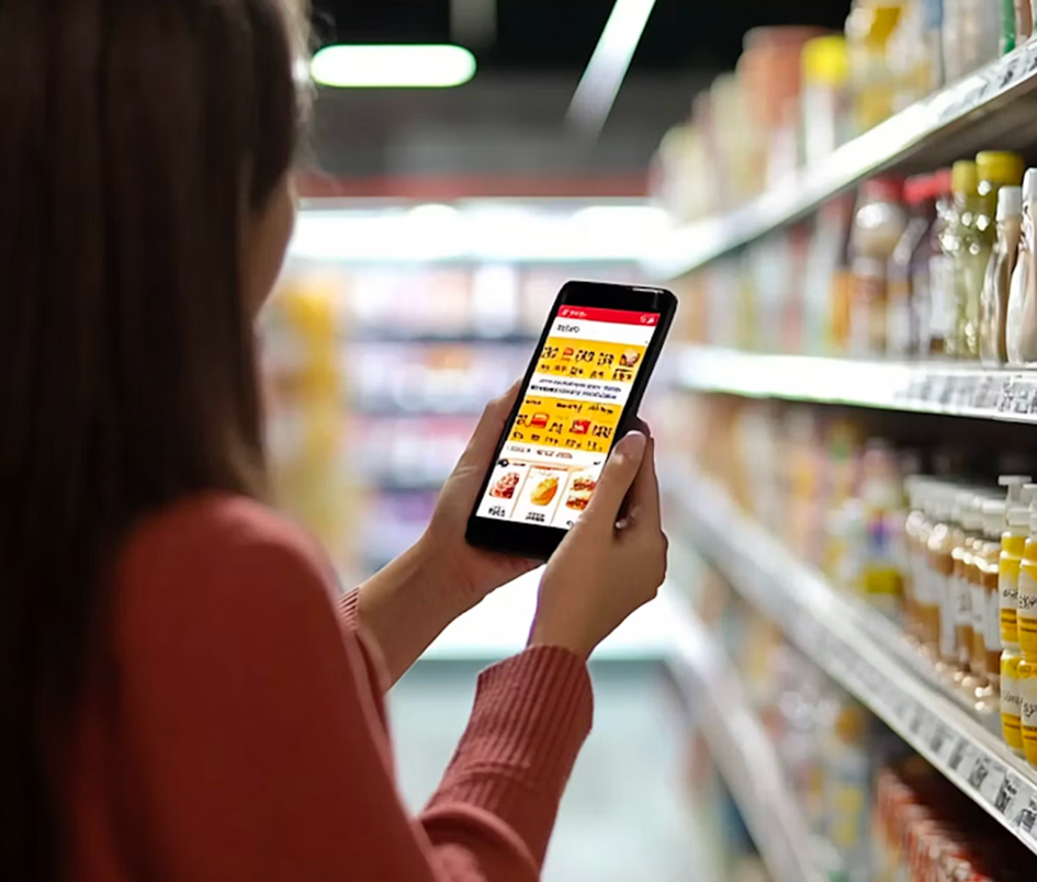 A person in a red sweater using a smartphone to browse a food or shopping app while standing in a store aisle with shelves stocked with bottles and products.