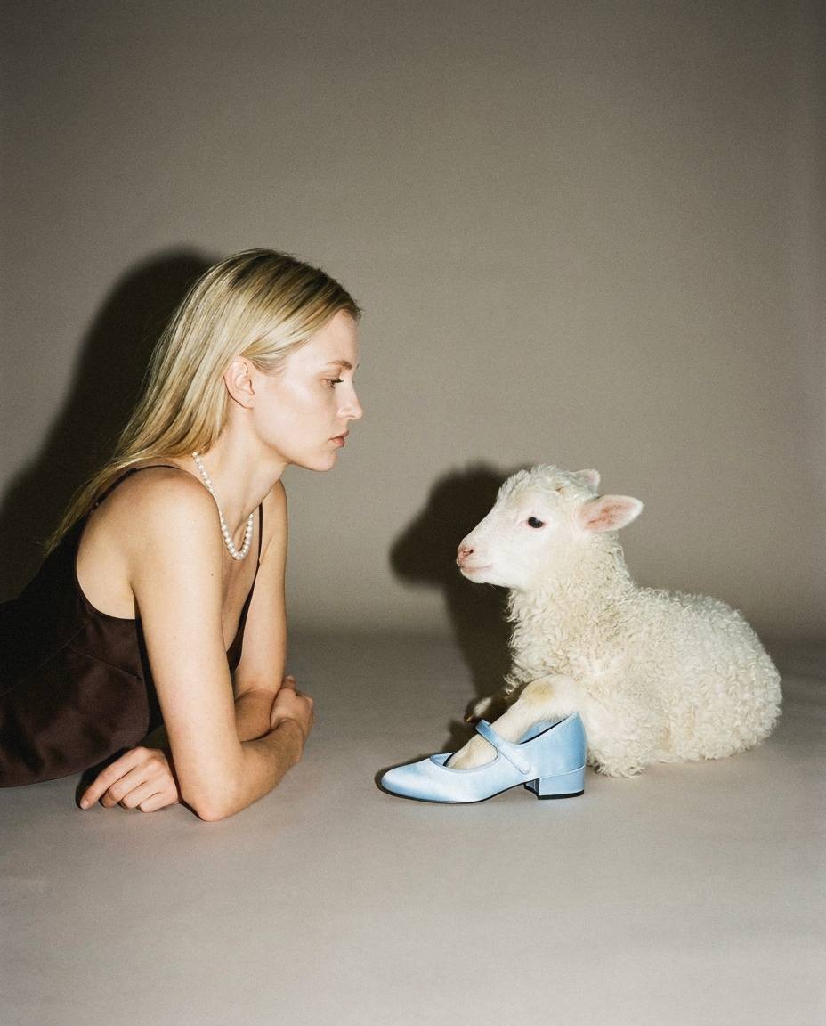 A woman lying on a studio floor, face to face with a lamb resting beside a pale blue shoe.