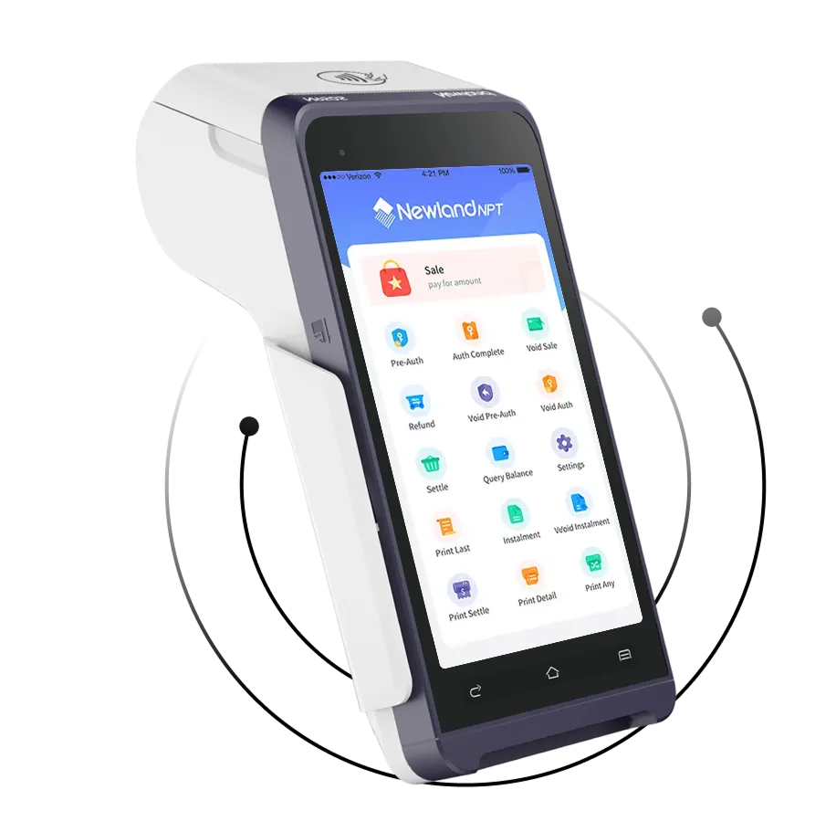 Handheld payment terminal with touchscreen displaying sales, orders, and analytics options.