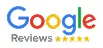 Google Reviews text logo with five yellow stars underneath.