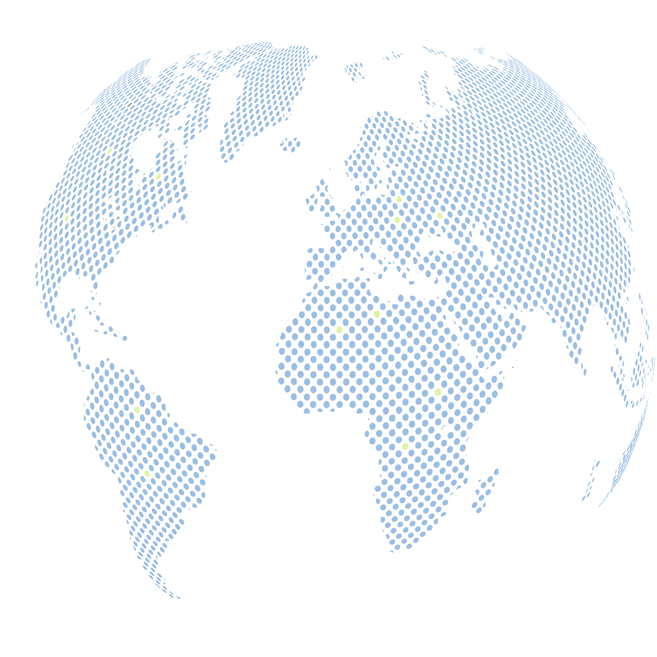Blue dotted globe with highlighted yellow squares on various continents representing data points.