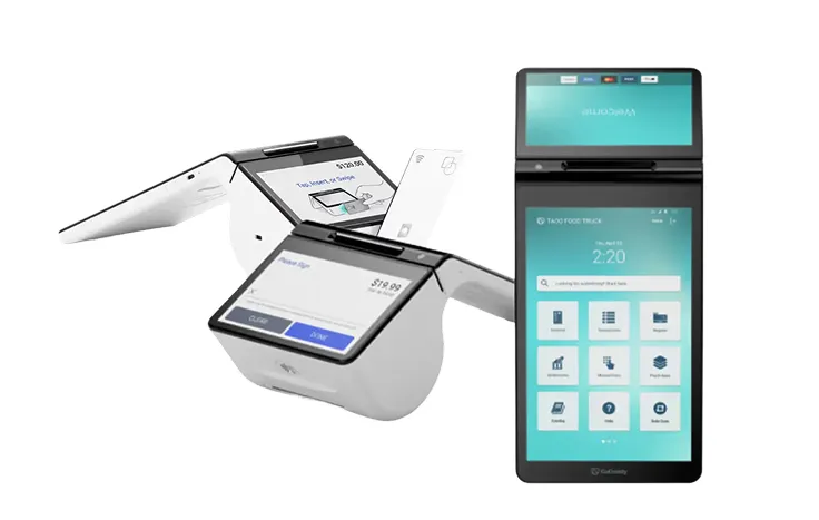 Two white point-of-sale terminals with touchscreens showing payment amounts and a black foldable payment device with multiple app icons on screen.