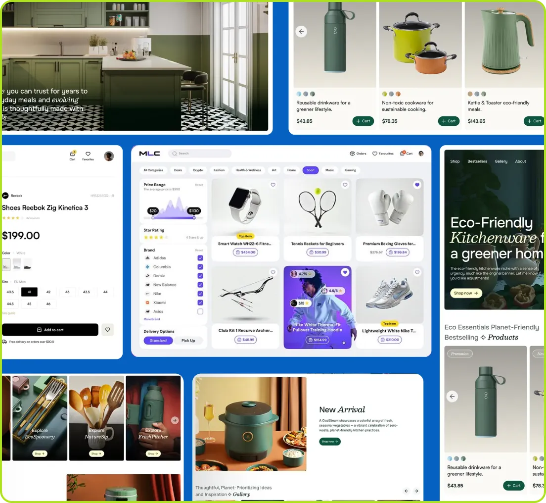 Collection of eco-friendly kitchenware and sports gear on a webpage with product listings and filters.