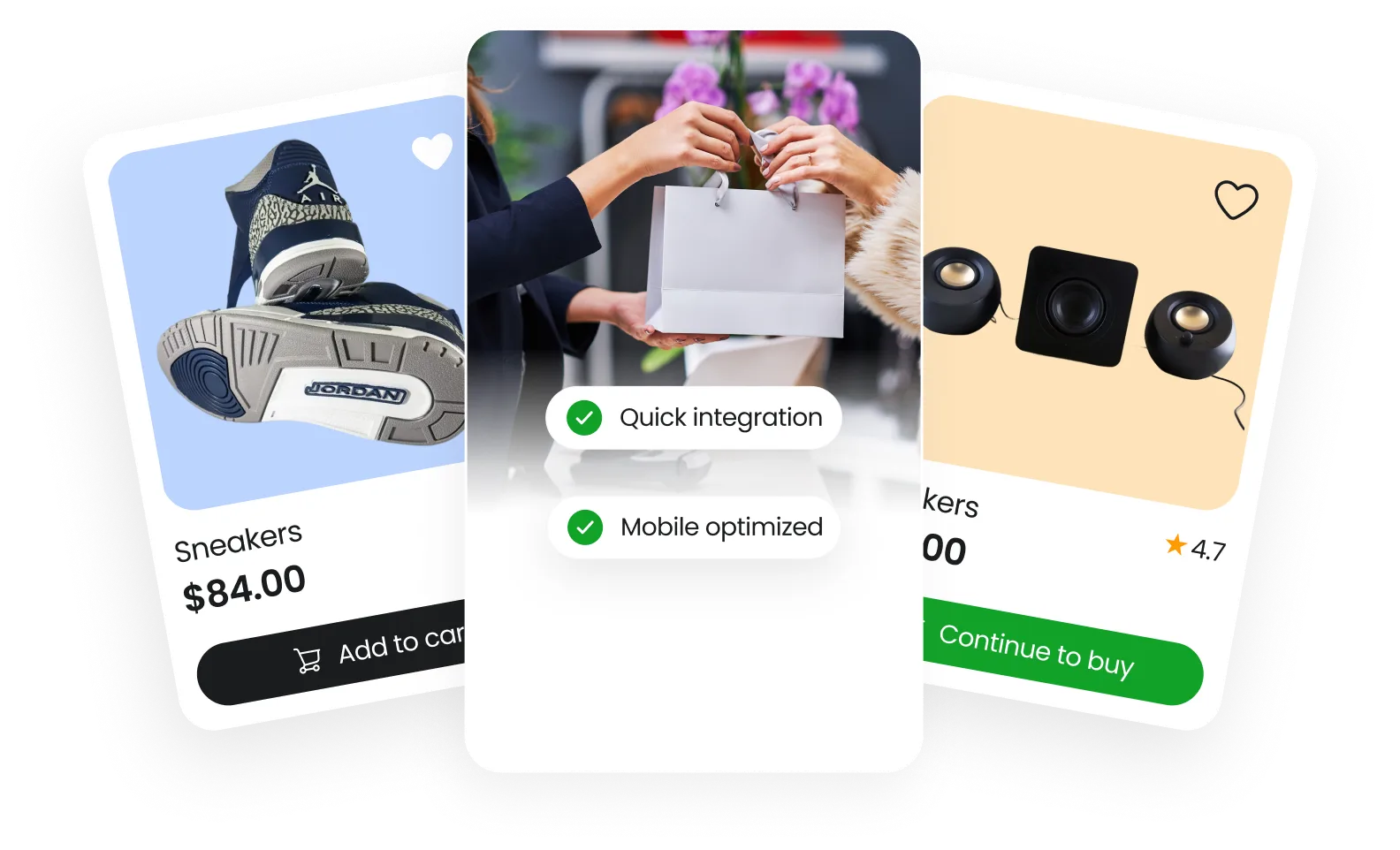 Ecommerce cards showing sneakers priced at $84 and speakers with customer rating 4.7 stars, and a shopping bag exchange.