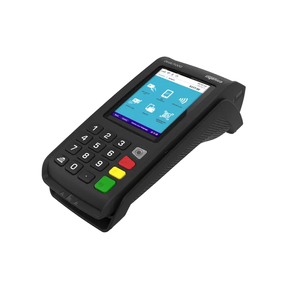 Hand holding credit card near payment terminal displaying Action Payments logo and QR code.