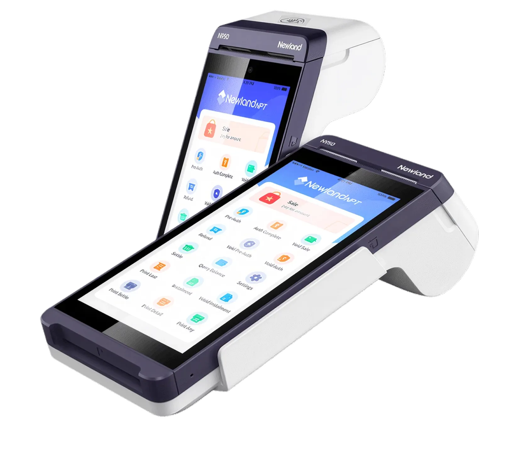 Two Newland N950 handheld payment terminals displaying an app interface with icons and menu options.