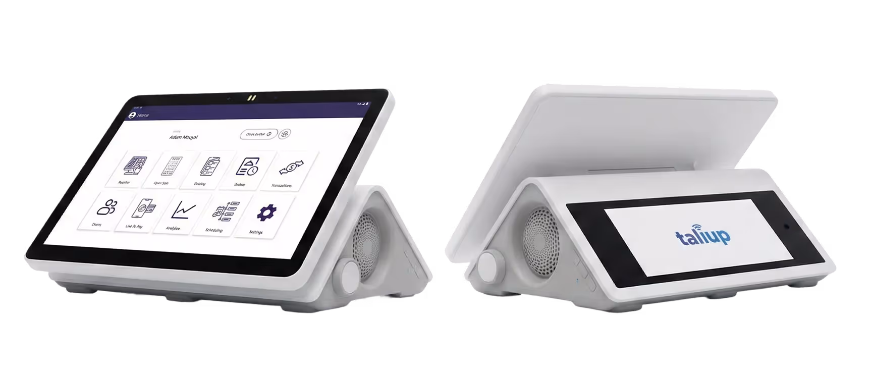 Two white point-of-sale tablets, one showing a menu screen and the other displaying the Taliup logo on a secondary screen.