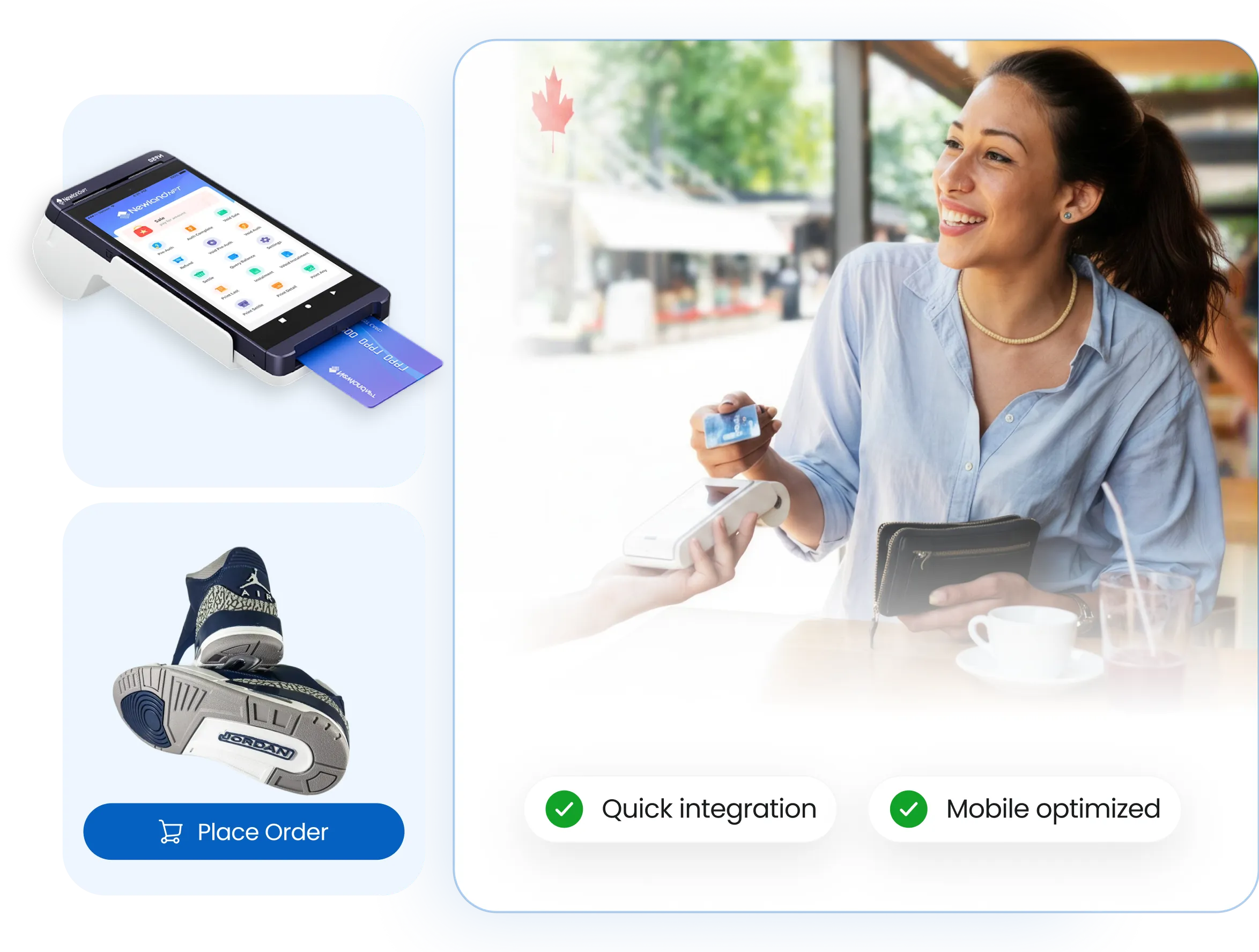 Woman paying with card using mobile card reader at café table with coffee and wallet.
