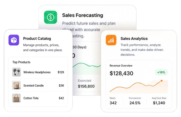 Dashboard cards for recurring billing, product catalog, and revenue.