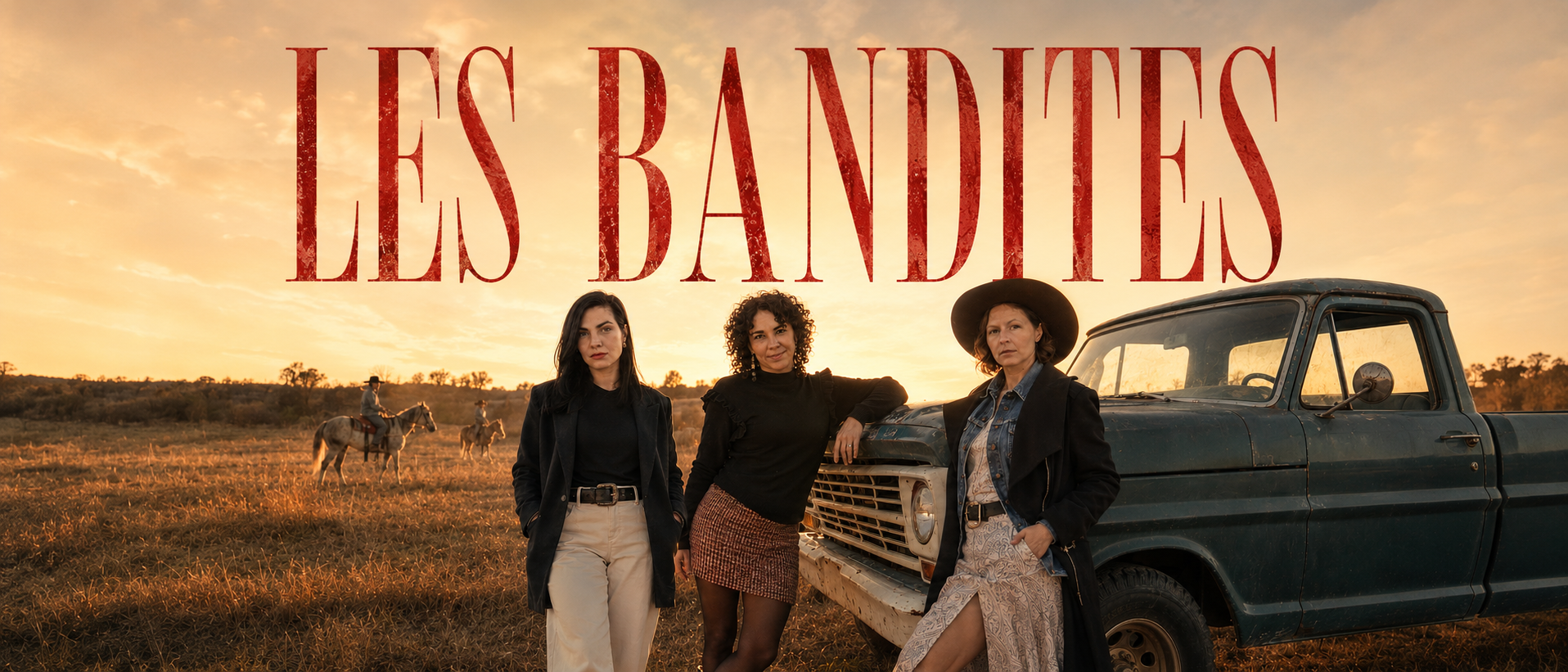 Image des 3 bandites Katrin Tillmans, Amélie Faligot, Anne Guertin devant un pickup à remorque dans un champ type far ouest