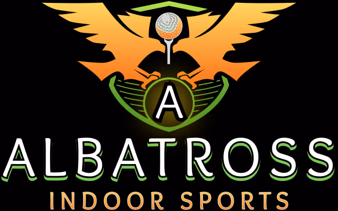 Albatross Indoor Sports logo with stylized bird and golf ball on tee above green and orange text