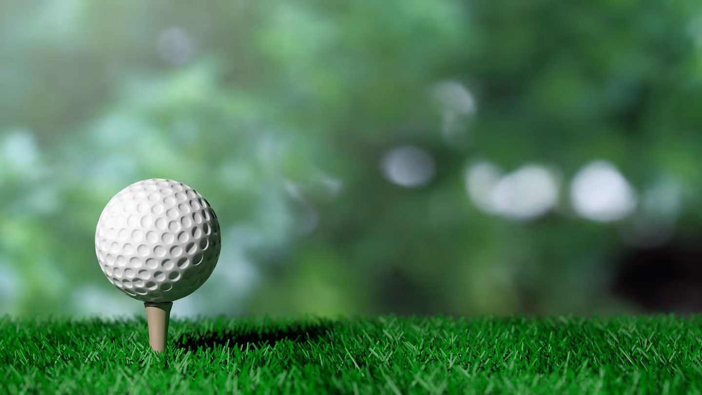 White golf ball on a wooden tee on green grass with a blurred green background.