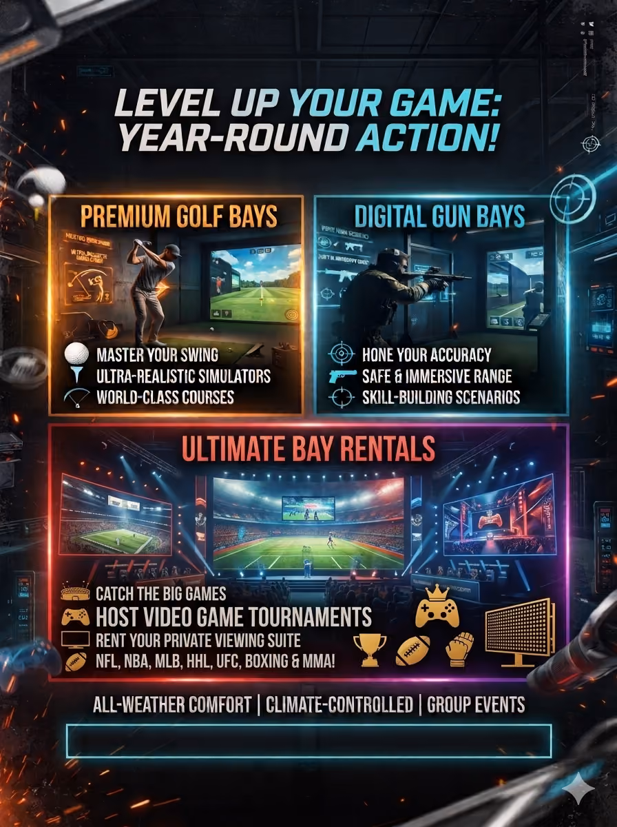 Promotional graphic highlighting three entertainment rental options: Premium Golf Bays with a golfer swinging in front of a virtual course offering swing mastery, ultra-realistic simulators, and world-class courses; Digital Gun Bays featuring a person practicing shooting in a safe, immersive range with skill-building scenarios; and Ultimate Bay Rentals for hosting video game tournaments, private viewing suites for major sports leagues, and group events in climate-controlled, all-weather comfort.