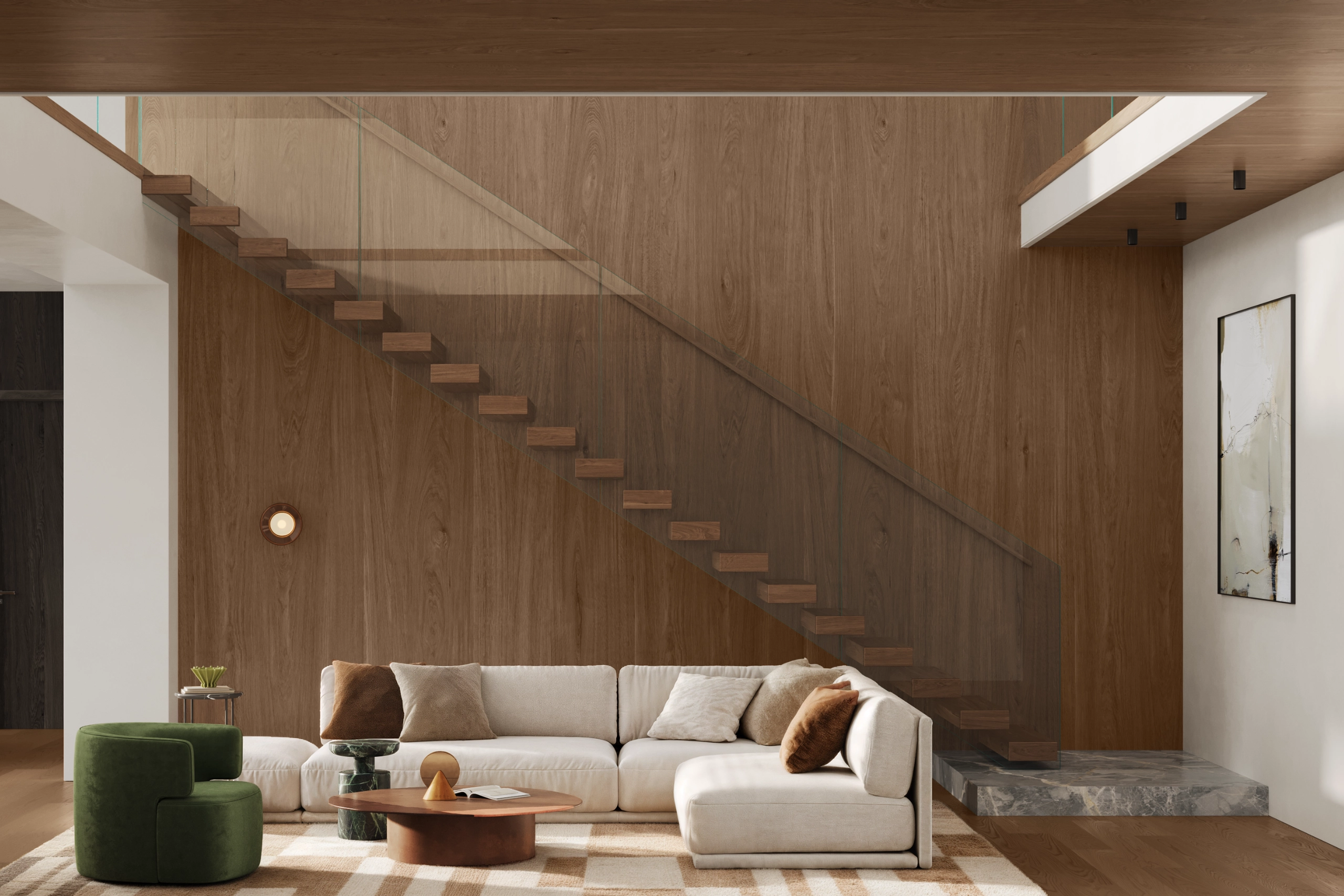 Modern living room with an L-shaped beige sofa, green chair, wood stairs, and wood-paneled wall.