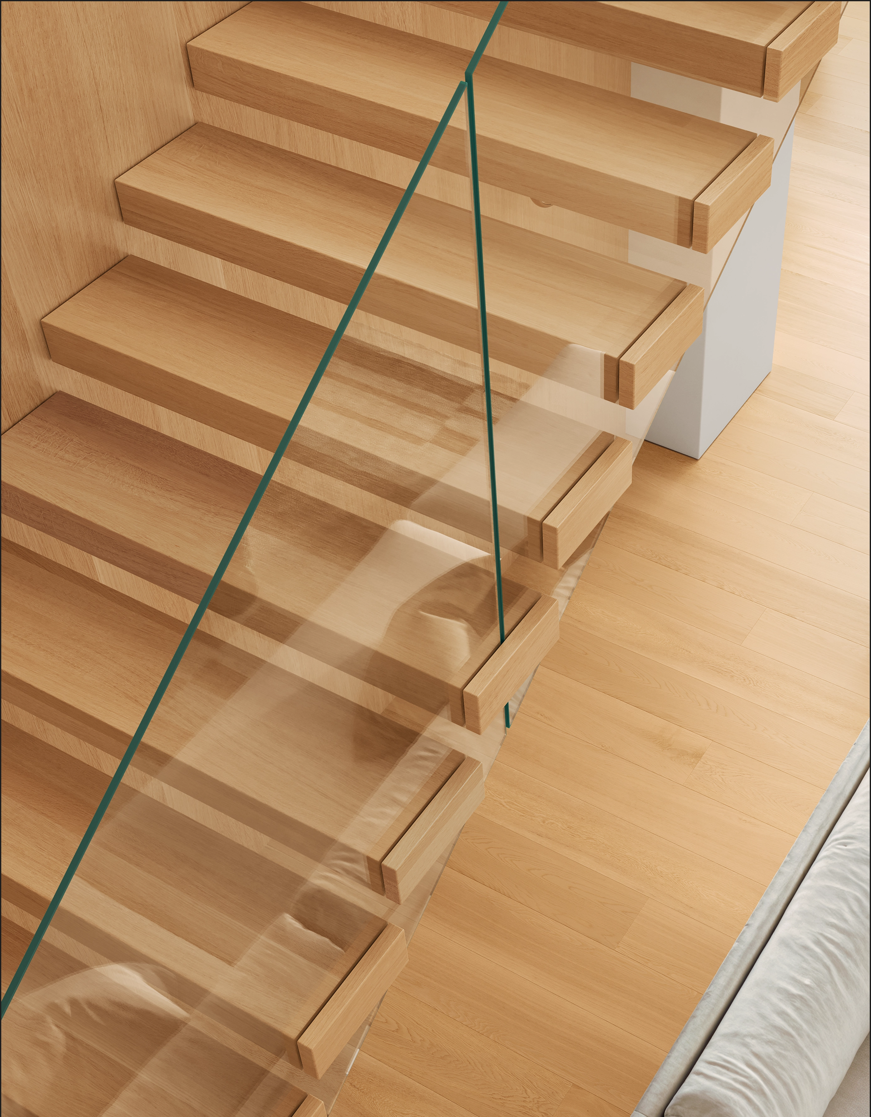 Render looking down light wood cantilevered treads through a clear glass panel