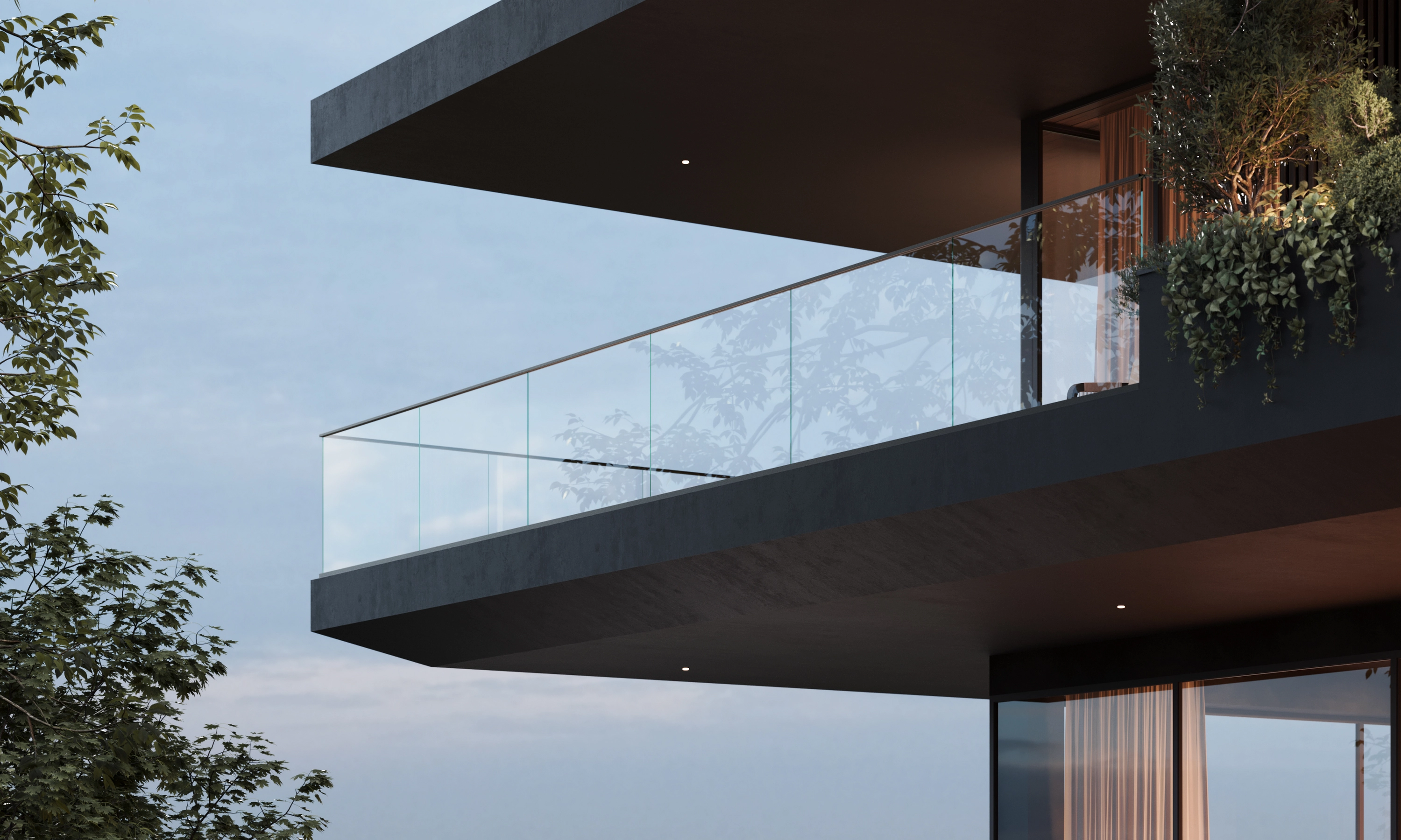 Render of glass railing along a dark cantilevered balcony at dusk, planting spilling over the edge