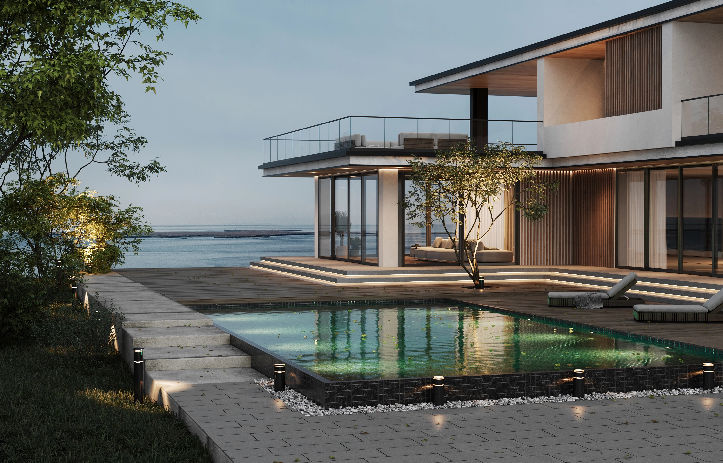 Dusk render: pool lights, a plank deck and Base Rail glass along the roof terrace