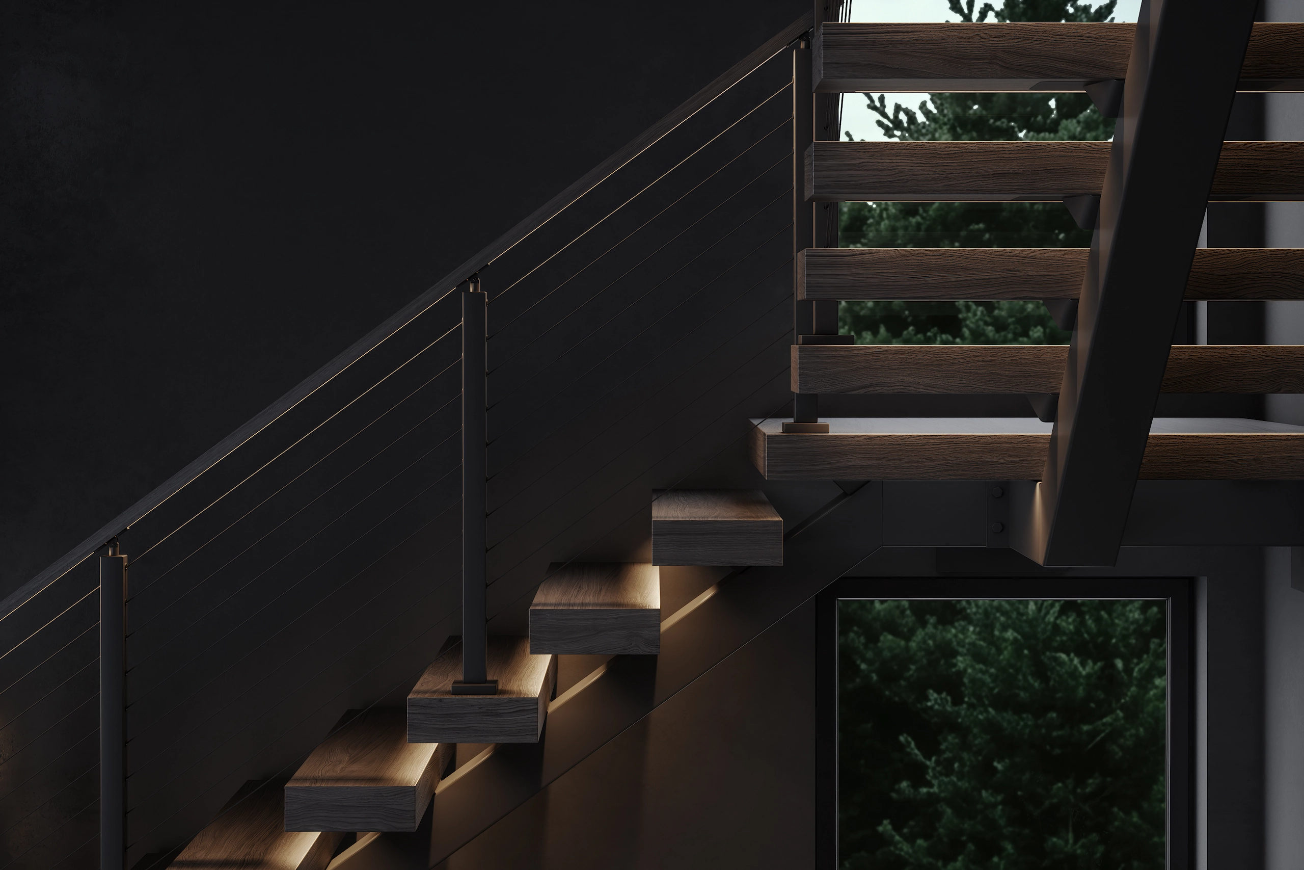 A dark stair climbs past black Signature Cable railing toward a treed window, in a render