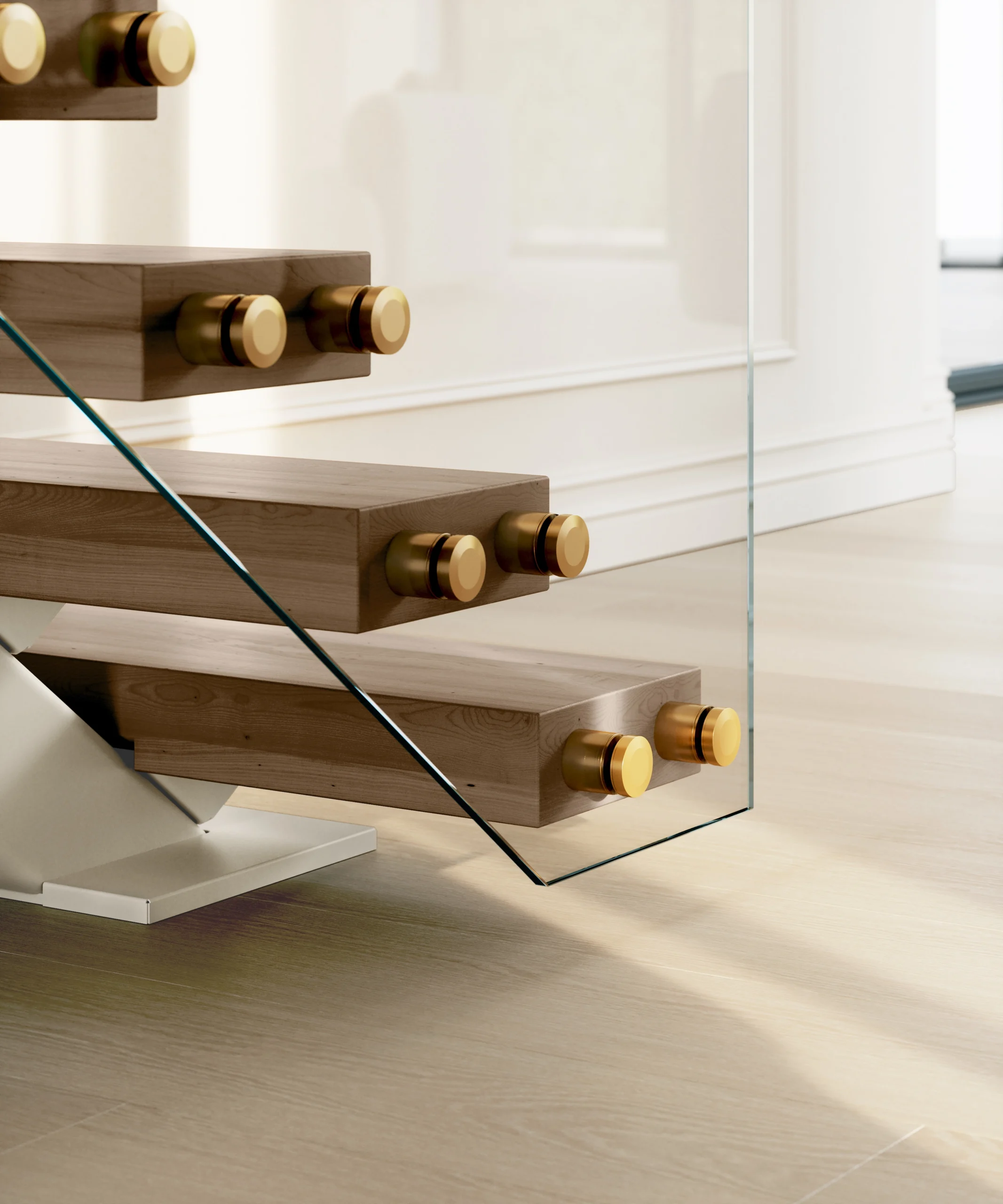 Close render of brass Standoff Pins gripping a glass panel at the wood tread ends