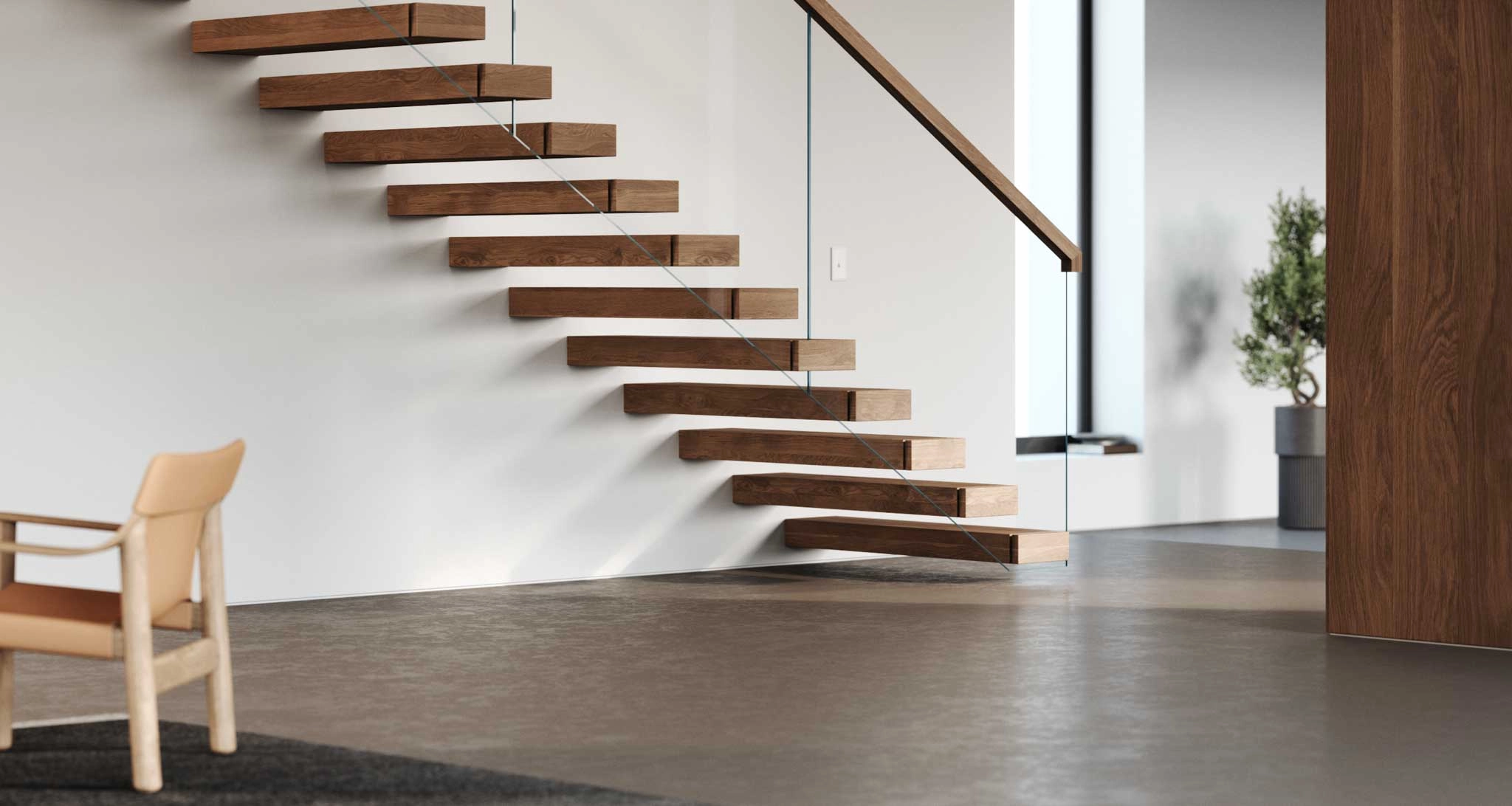 Wood treads cantilever above a wood chair and dark rug in a light-filled render