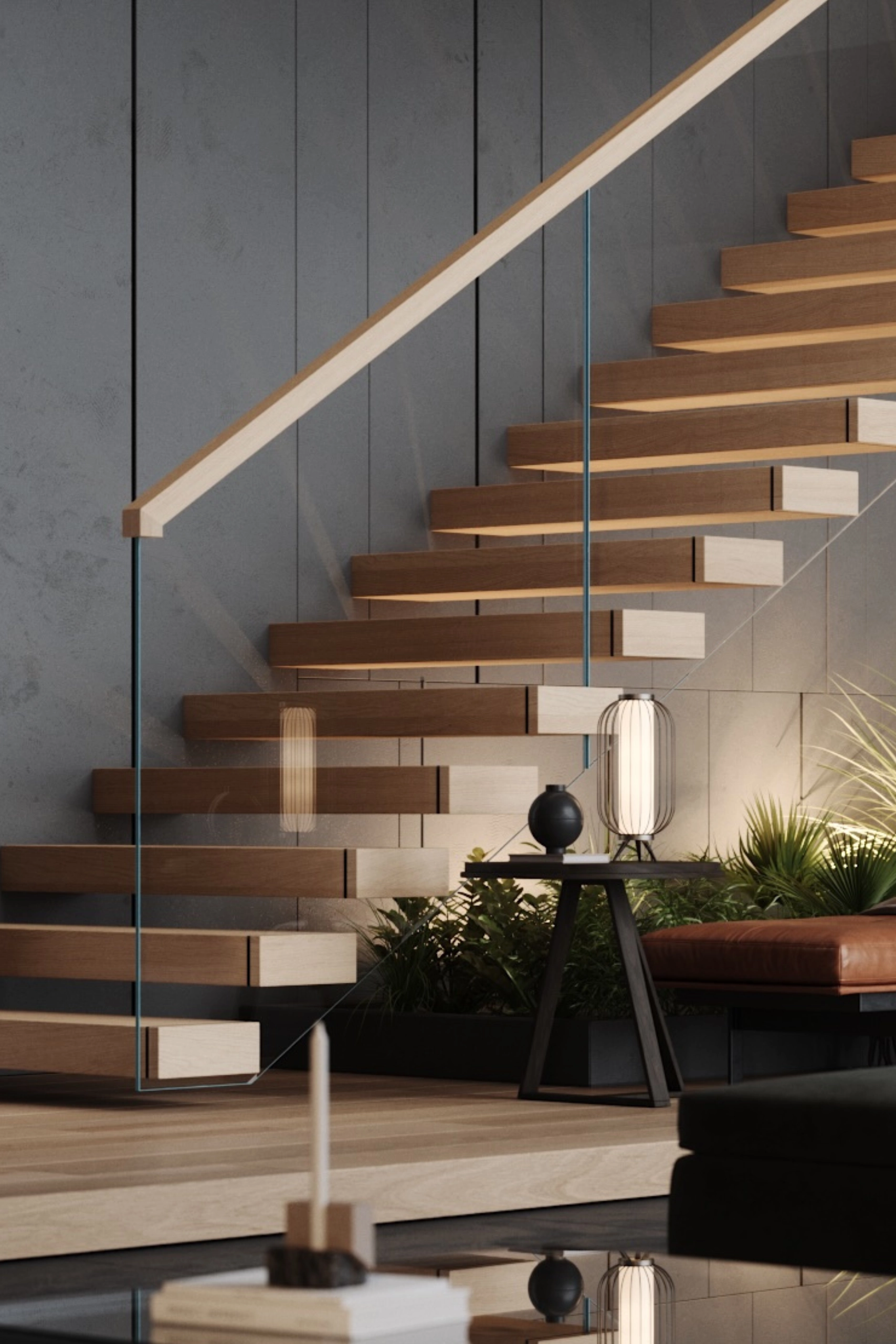 Wood treads cantilever from a grey wall above a leather bench and planters; render