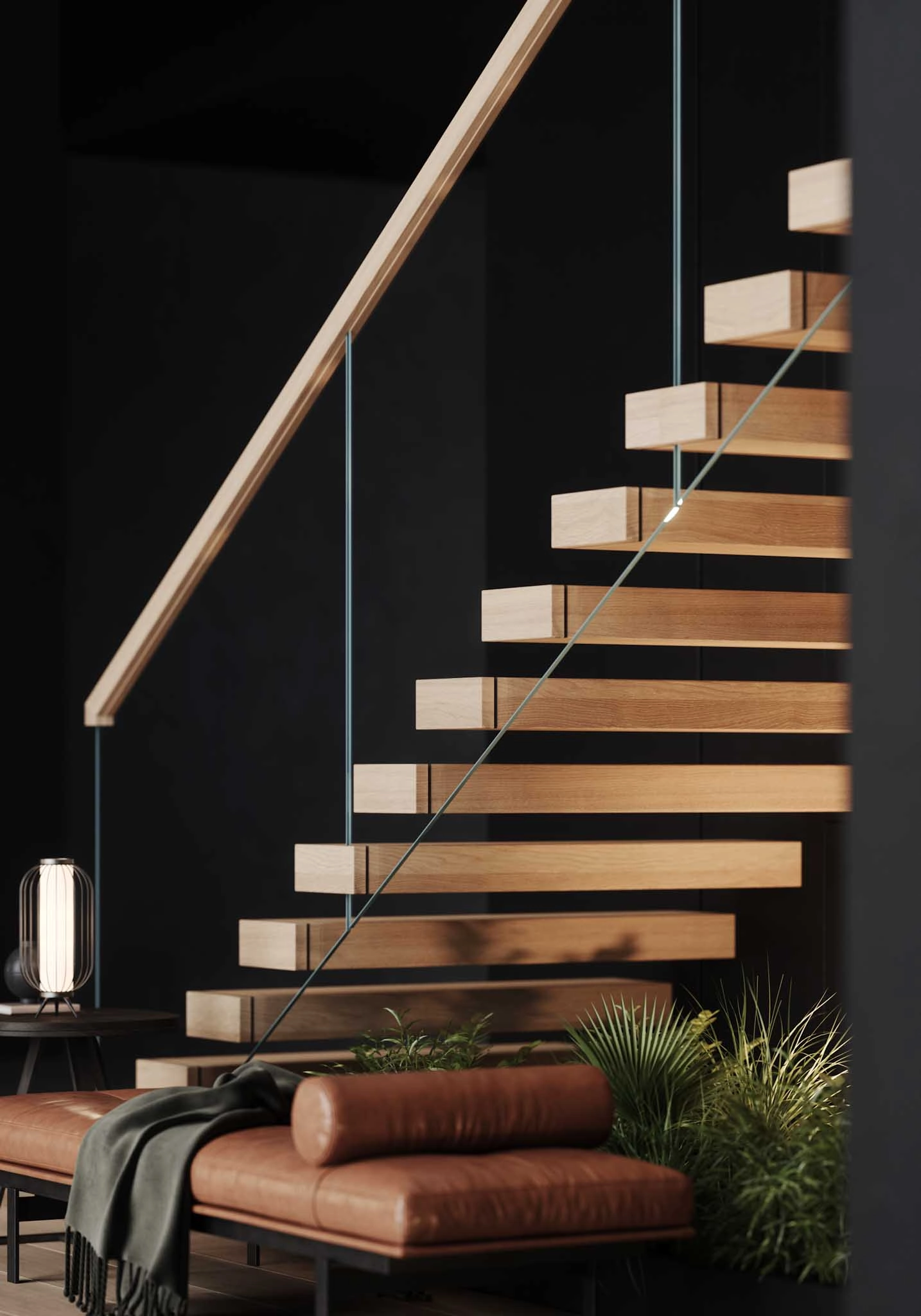 Render of light wood FLIGHT Cantilever treads against a black wall above a leather bench