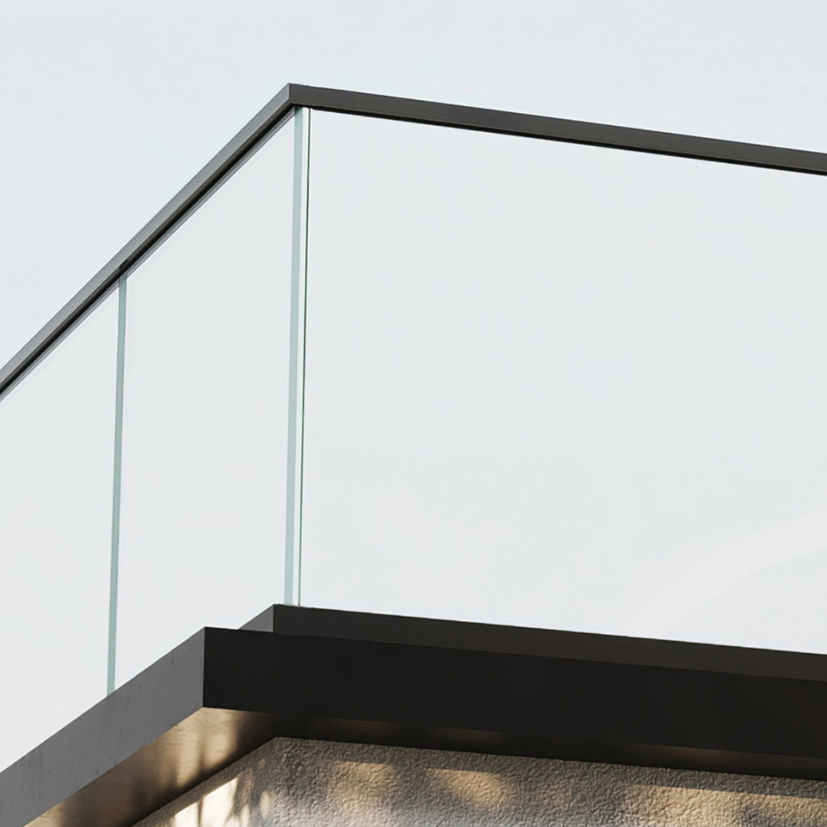 Render of a black Base Rail turning a rooftop corner, glass panels bright against pale sky