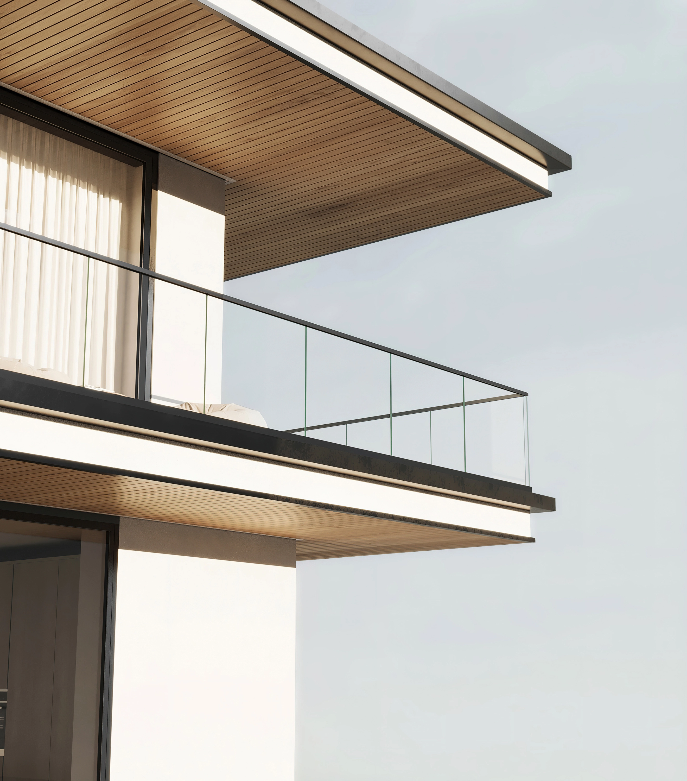 Render of a cantilevered balcony, glass seated in black Base Rail against a pale sky