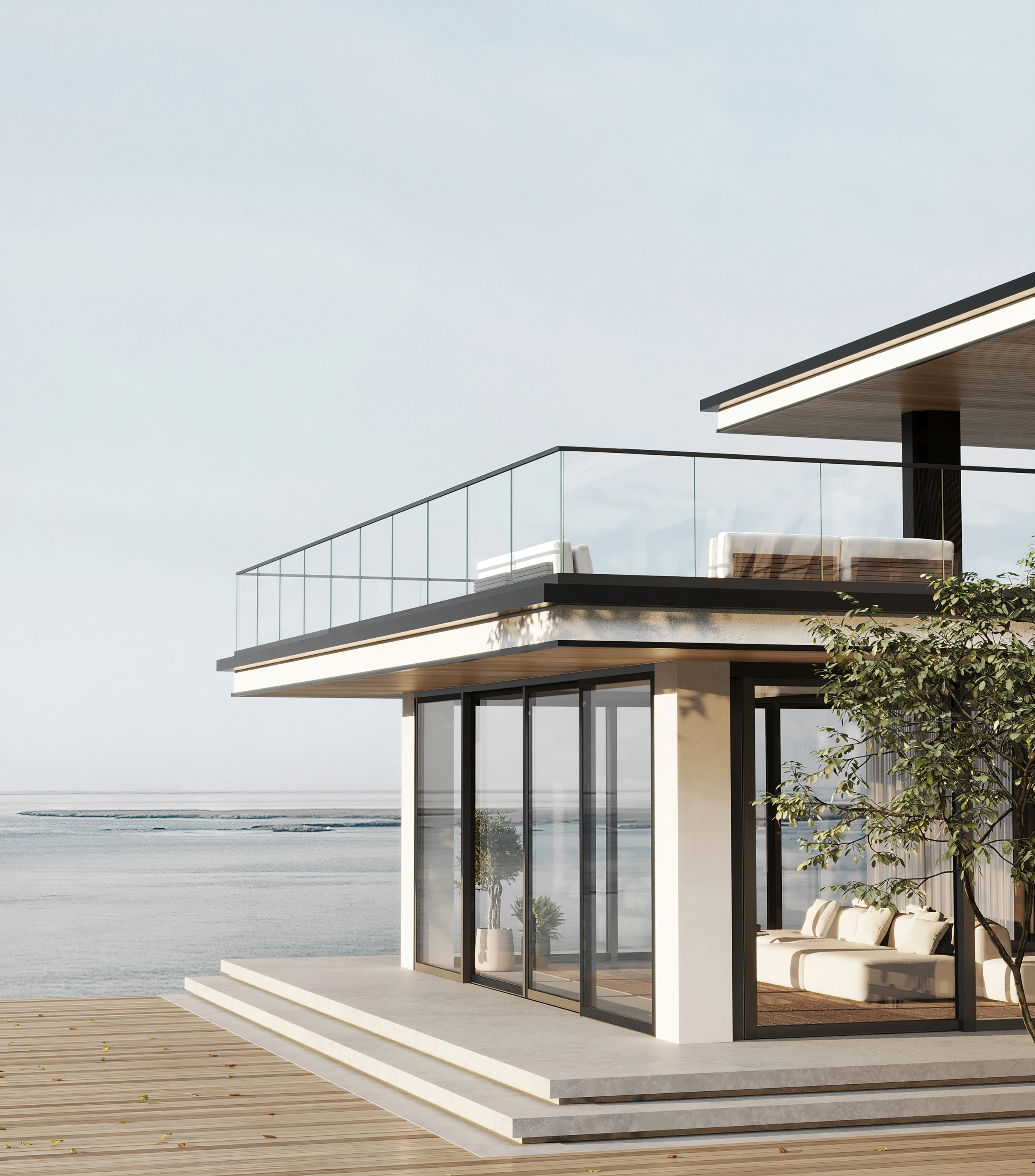 Render of a flat-roofed beach house, its upper deck ringed in Base Rail glass