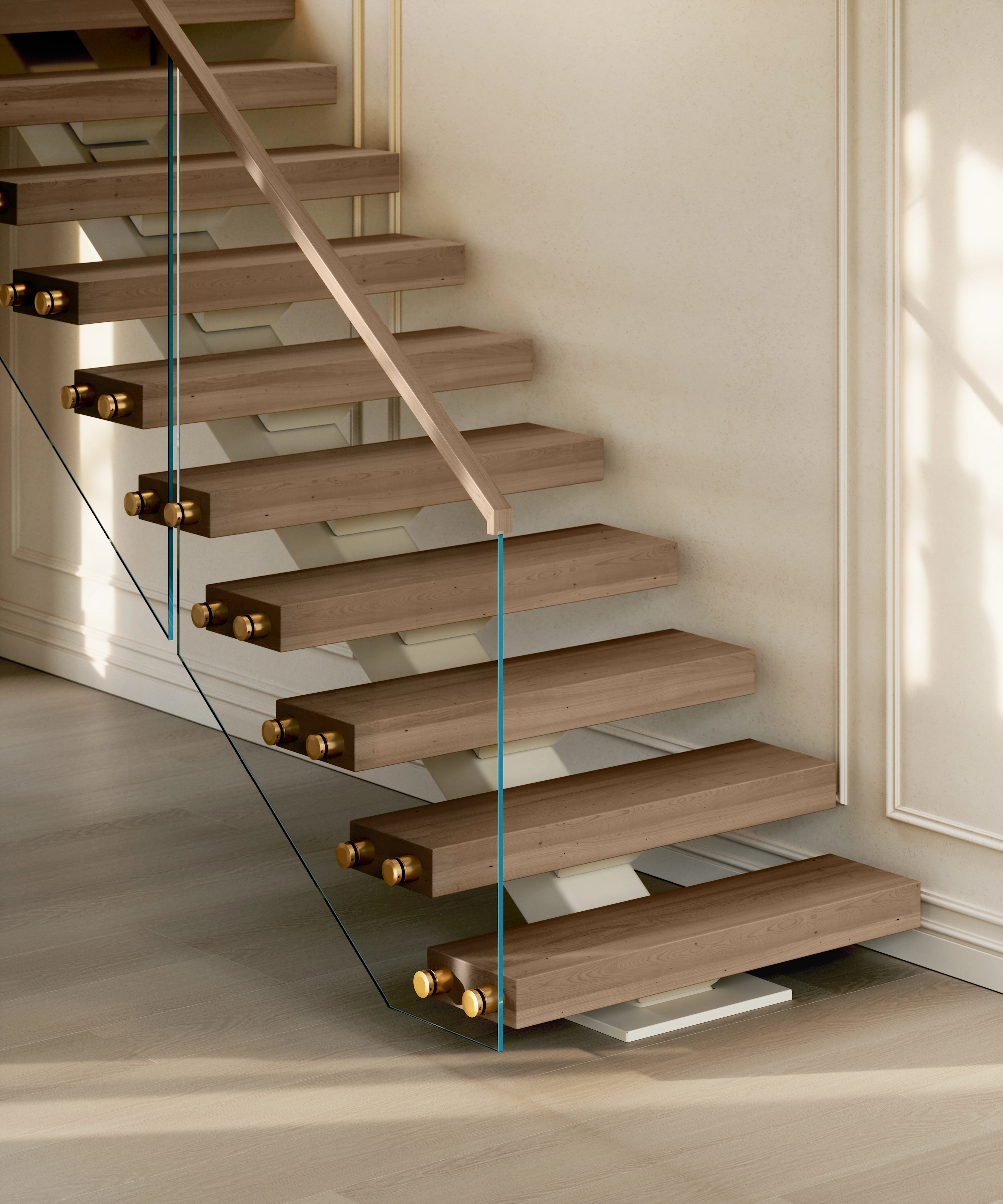 Render of a FLIGHT Mono stair whose glass railing is held by brass standoff pins