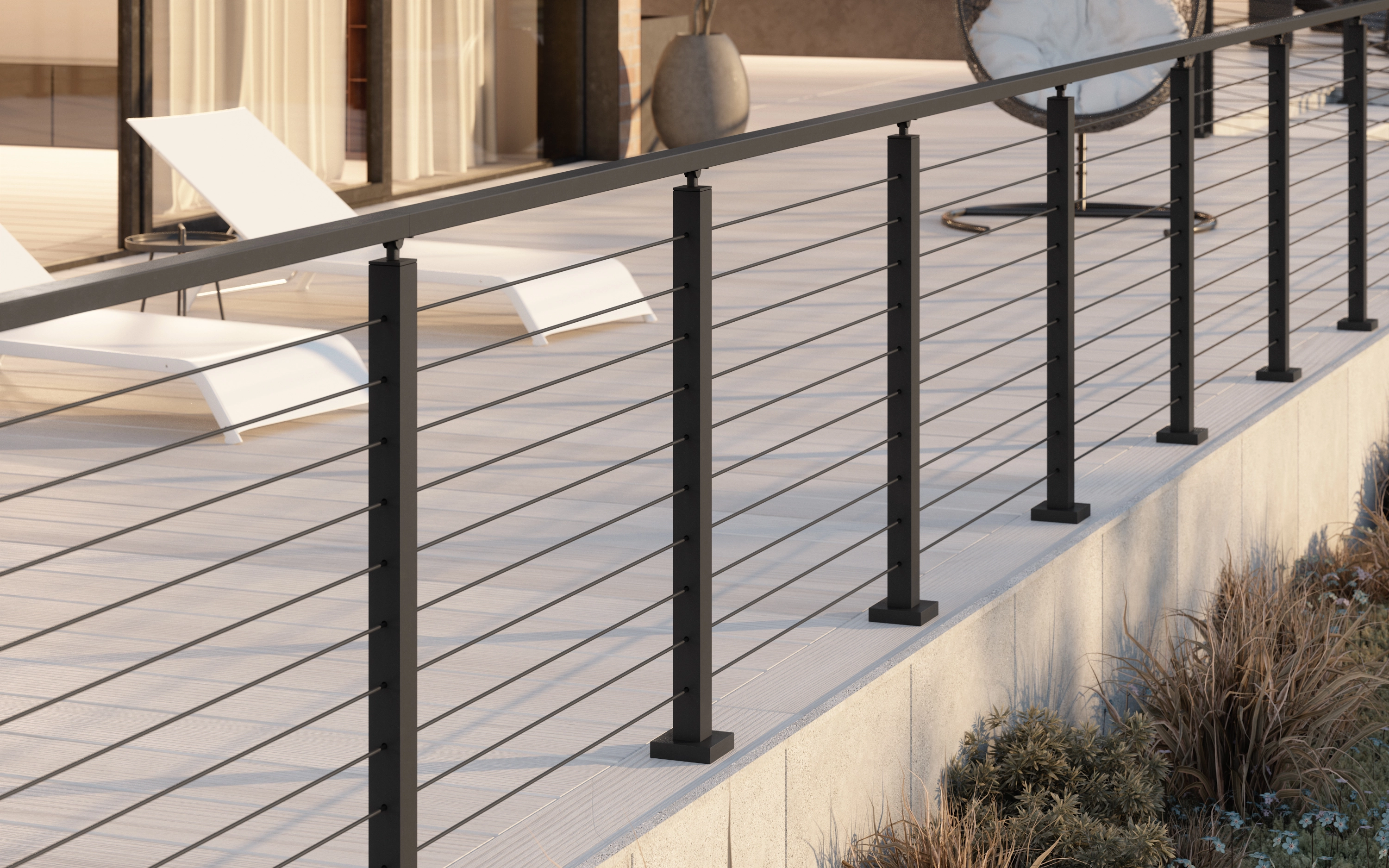 Render of Signature Rod infill between black posts on a sunlit deck