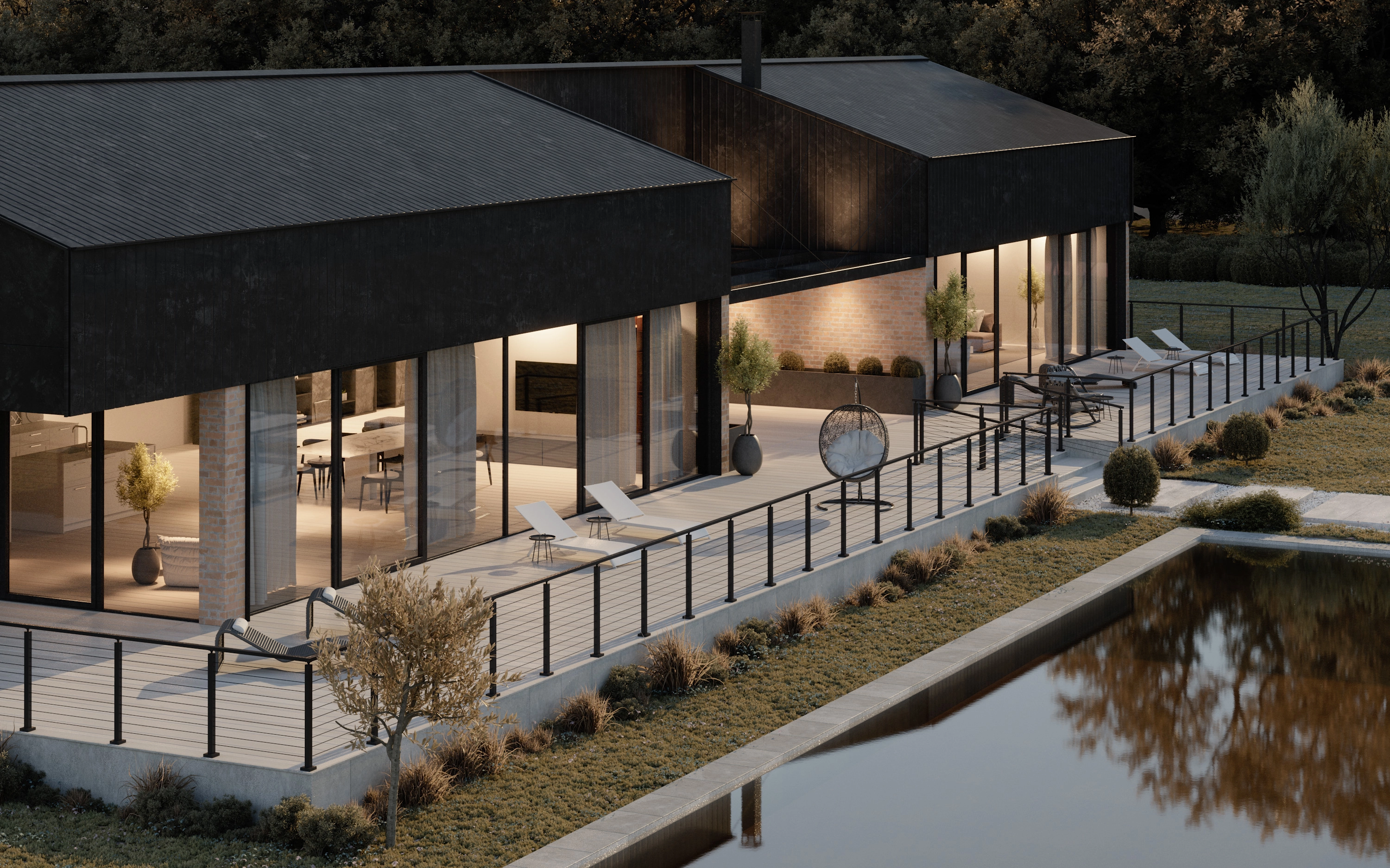 Render of a dark-clad house and pond, Signature Rod railing running the deck edge