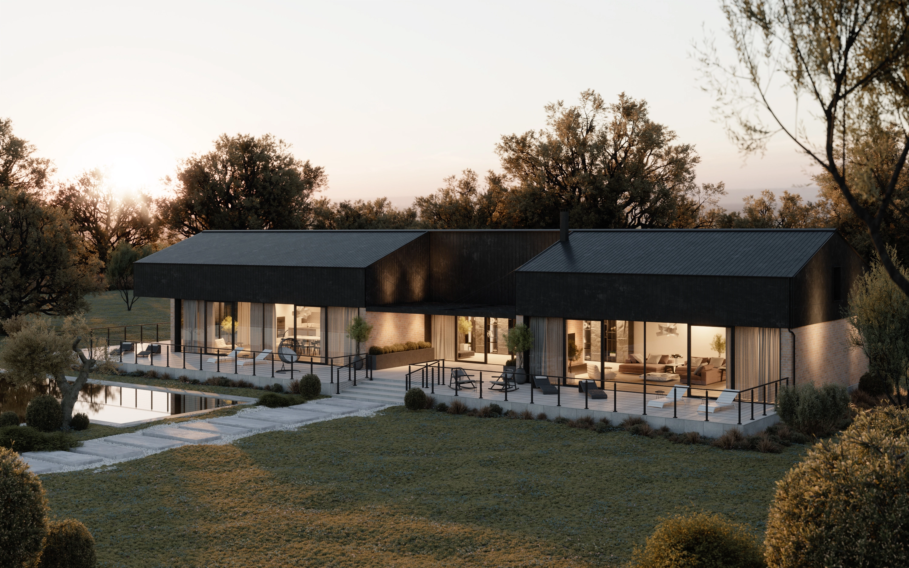 Render of a dark barn-style home at dusk, Signature Rod railing edging the deck