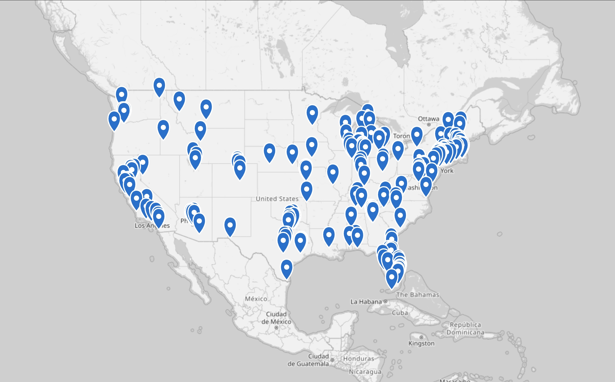 Map of the United States with pins marking certified installer locations, densest along both coasts