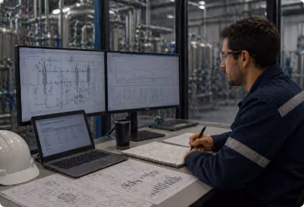 Técnico de Suintec analizando diagramas y datos del sistema de filtración en planta