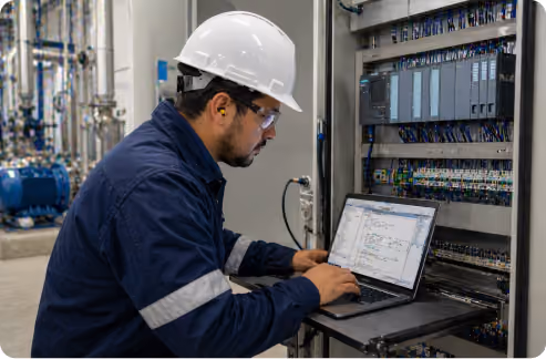 Operario en planta industrial revisando sistemas de filtración
