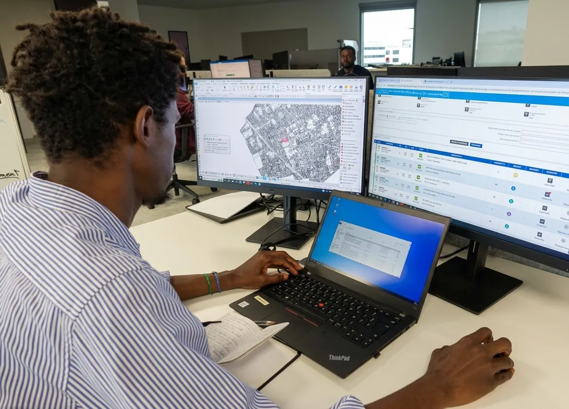 Un homme travaillant à un bureau avec un ordinateur portable Lenovo ThinkPad et deux grands écrans. L'un des écrans affiche une carte détaillée en noir et blanc avec une zone surlignée en rouge, l'autre montre une interface de gestion de données avec plusieurs colonnes et icônes. Il consulte également un carnet ouvert posé sur le bureau. En arrière-plan, on voit une pièce de bureau avec d'autres personnes et des fenêtres laissant entrer la lumière naturelle.