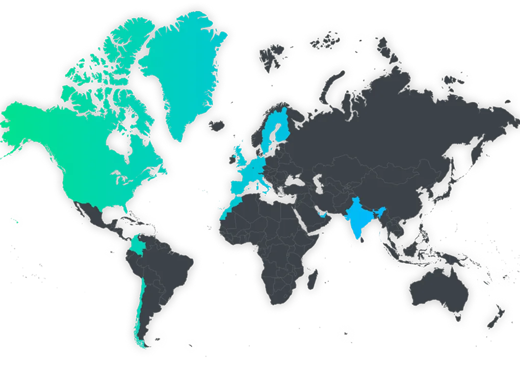 Carte du monde avec certains pays en bleu et turquoise, incluant le Canada, le Groenland, le Chili, l'Islande, plusieurs pays d'Europe tels que la Suède et les Pays-Bas, ainsi que l'Inde en bleu plus clair.