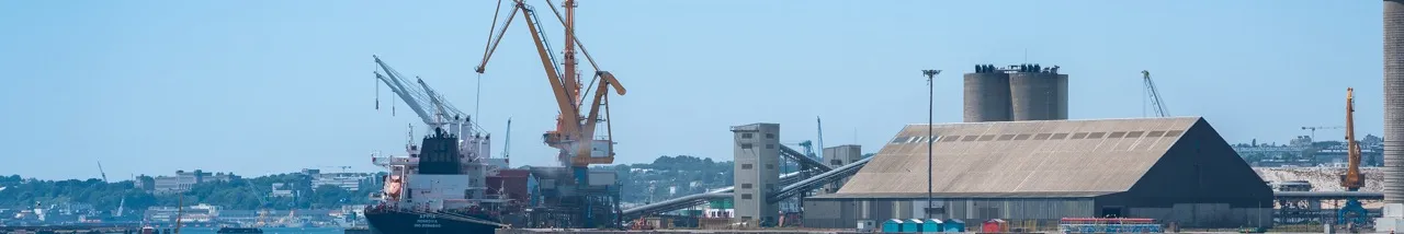 Vue panoramique d'un port industriel avec des grues orange, un grand bateau noir amarré, plusieurs bâtiments industriels et la ville en arrière-plan sous un ciel clair.