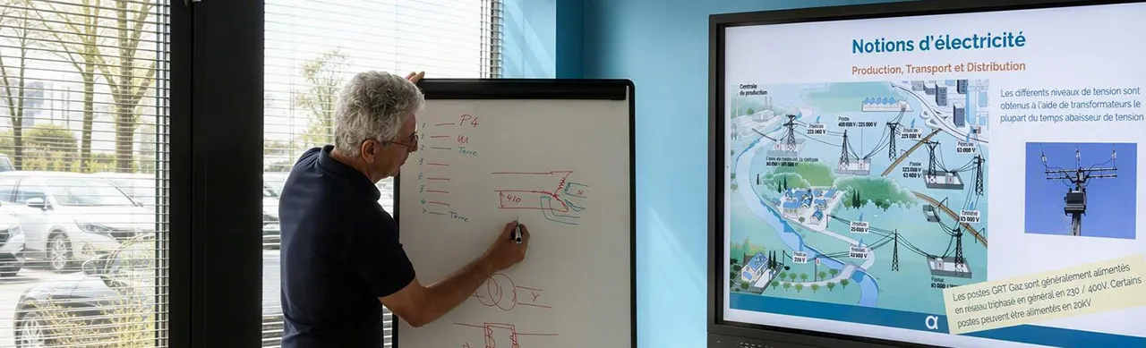 Formateur présentant les notions d'électricité au tableau, ACI Campus